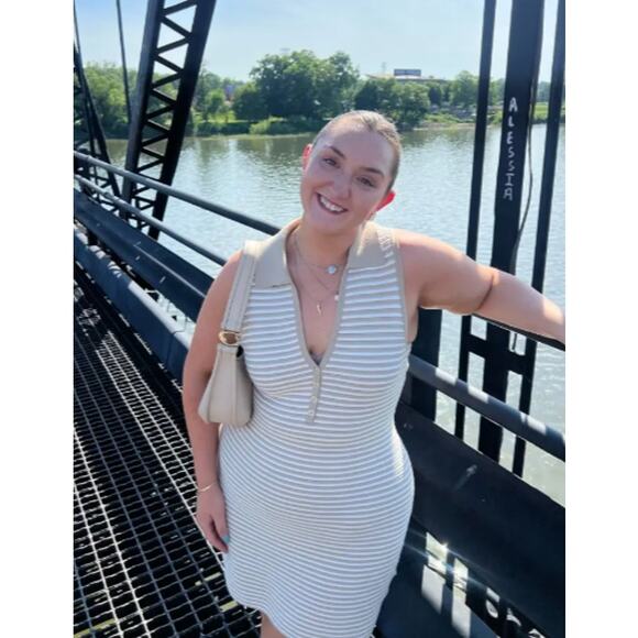 TOCCIN X RTR Sleeveless Beige and White Striped Henley Mini Dress XL - Picture 6 of 11